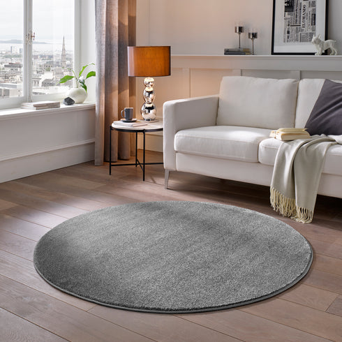 Kurzflor Teppich Designer | Flauschiger Flachflor fürs Wohnzimmer, Esszimmer, Schlafzimmer oder Kinderzimmer | Dunkel Grau Rund